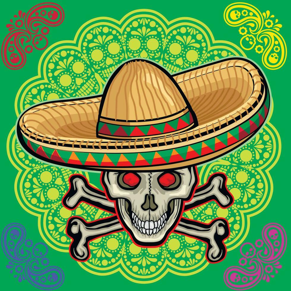 mexican skull and bones in sombrero vector