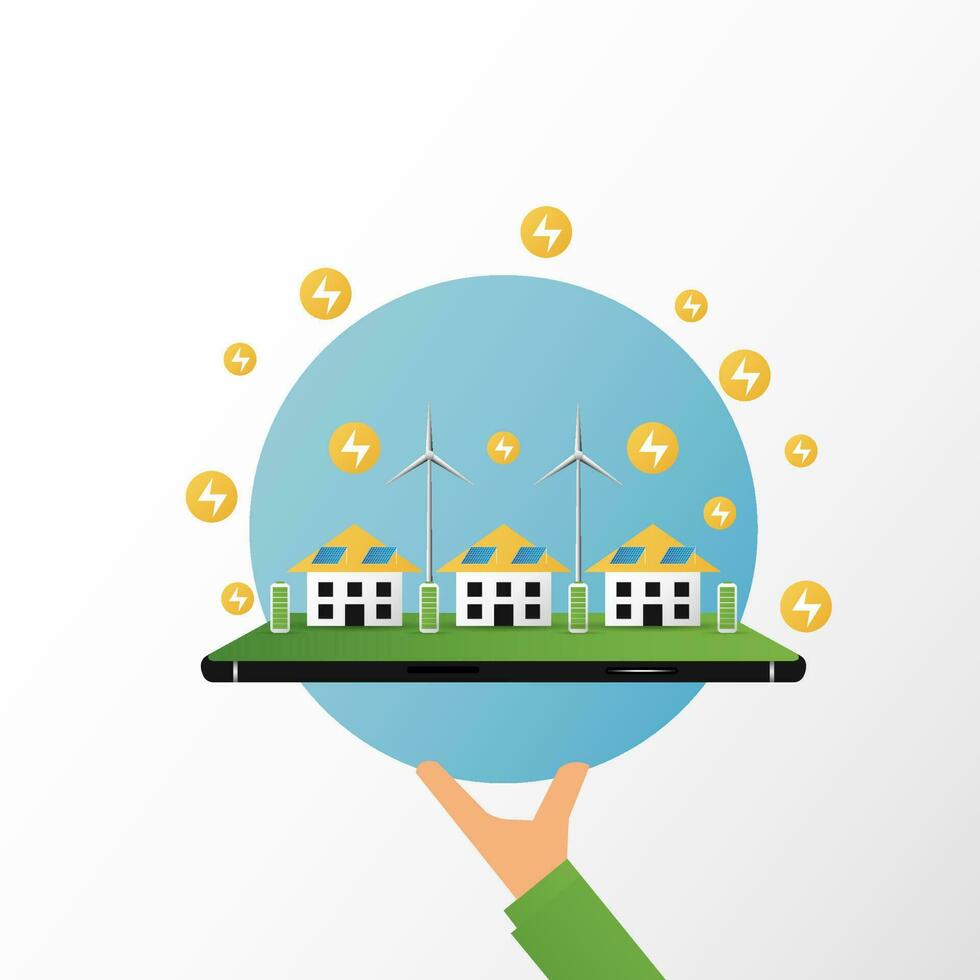 architecture eco sustainable environment concept. building with ecology, sustainability, solar panels, windmill, nature on mobile and green color, vector. architecture for web banner, illustration, vector