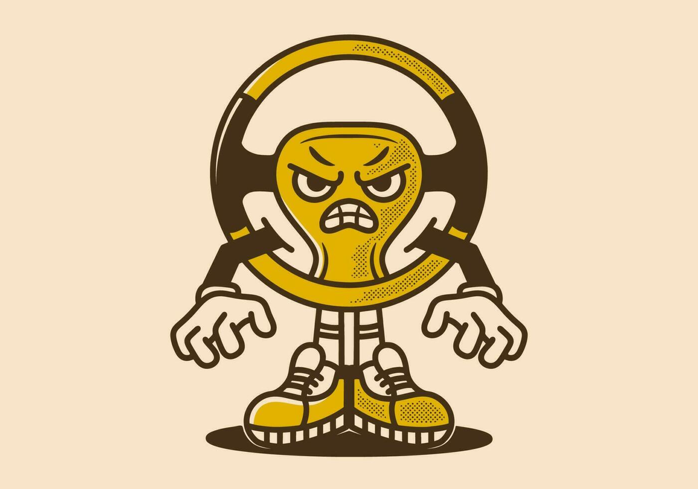 Vintage mascot character of steering wheel with an angry expression vector