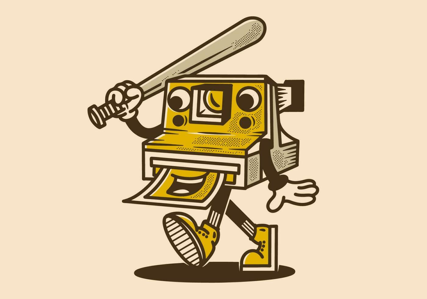 mascota personaje diseño de polaroid cámara participación un béisbol palo vector