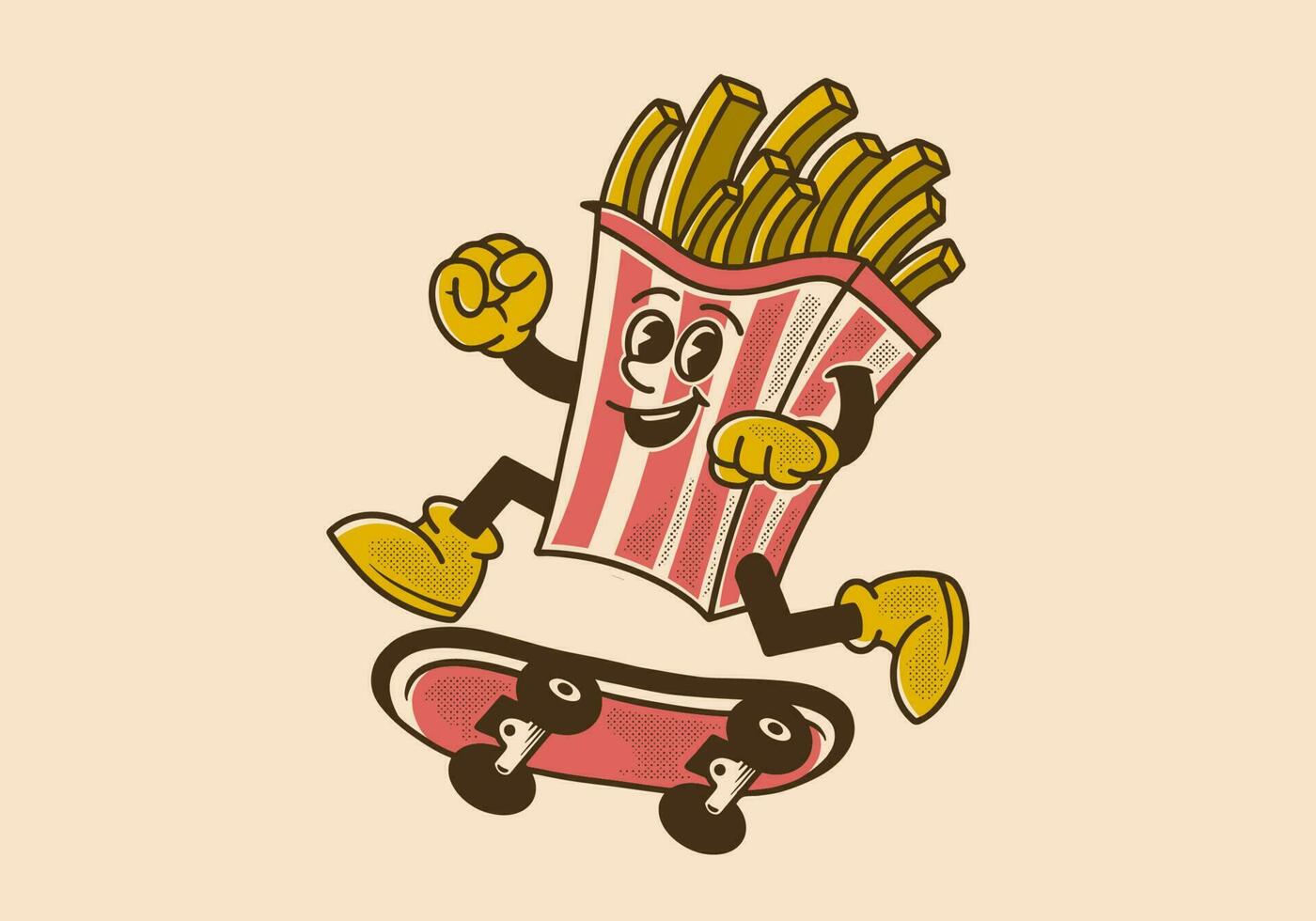 mascota personaje diseño de francés papas fritas saltando en patineta vector