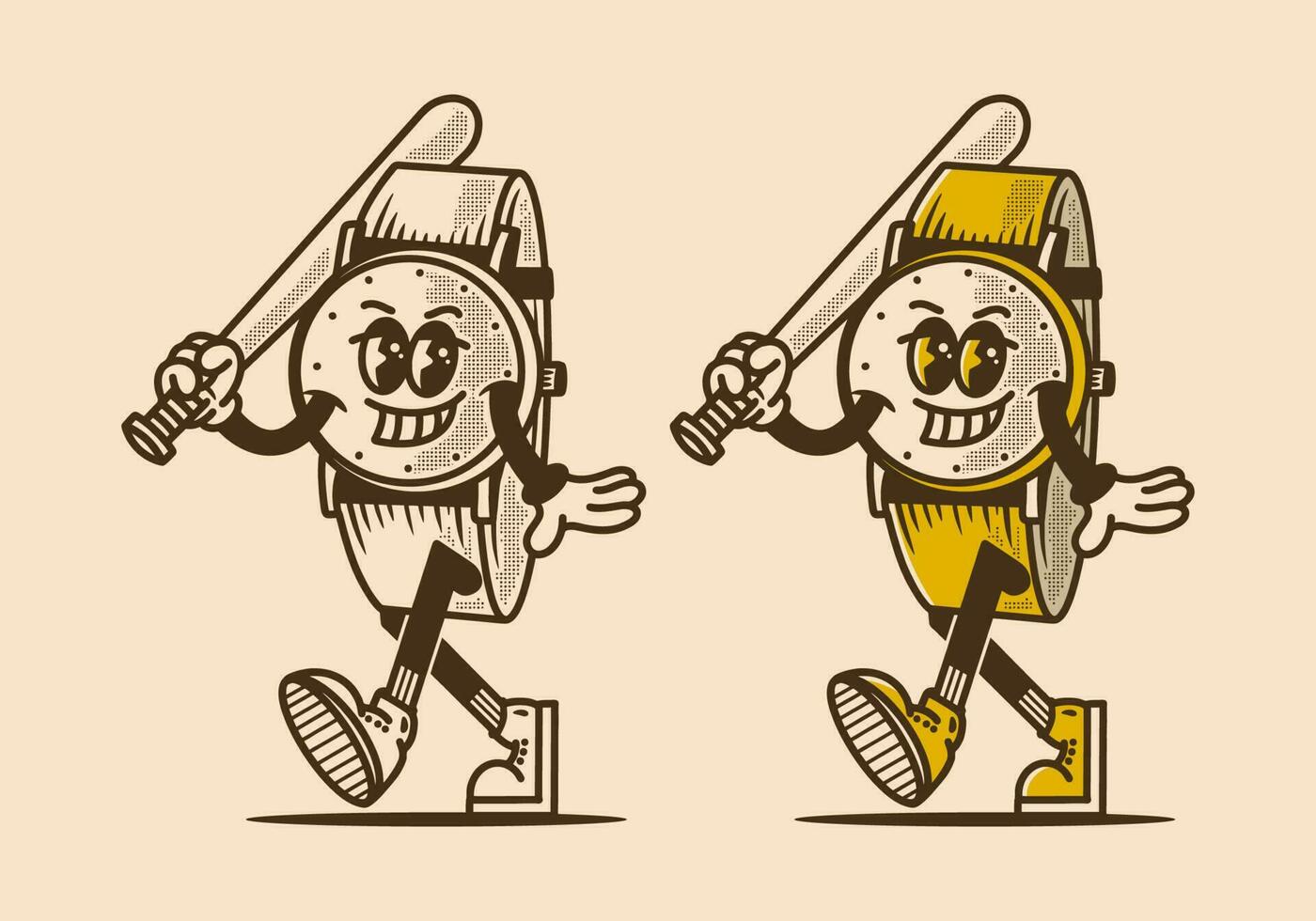 mascota personaje diseño de reloj participación un béisbol palo vector