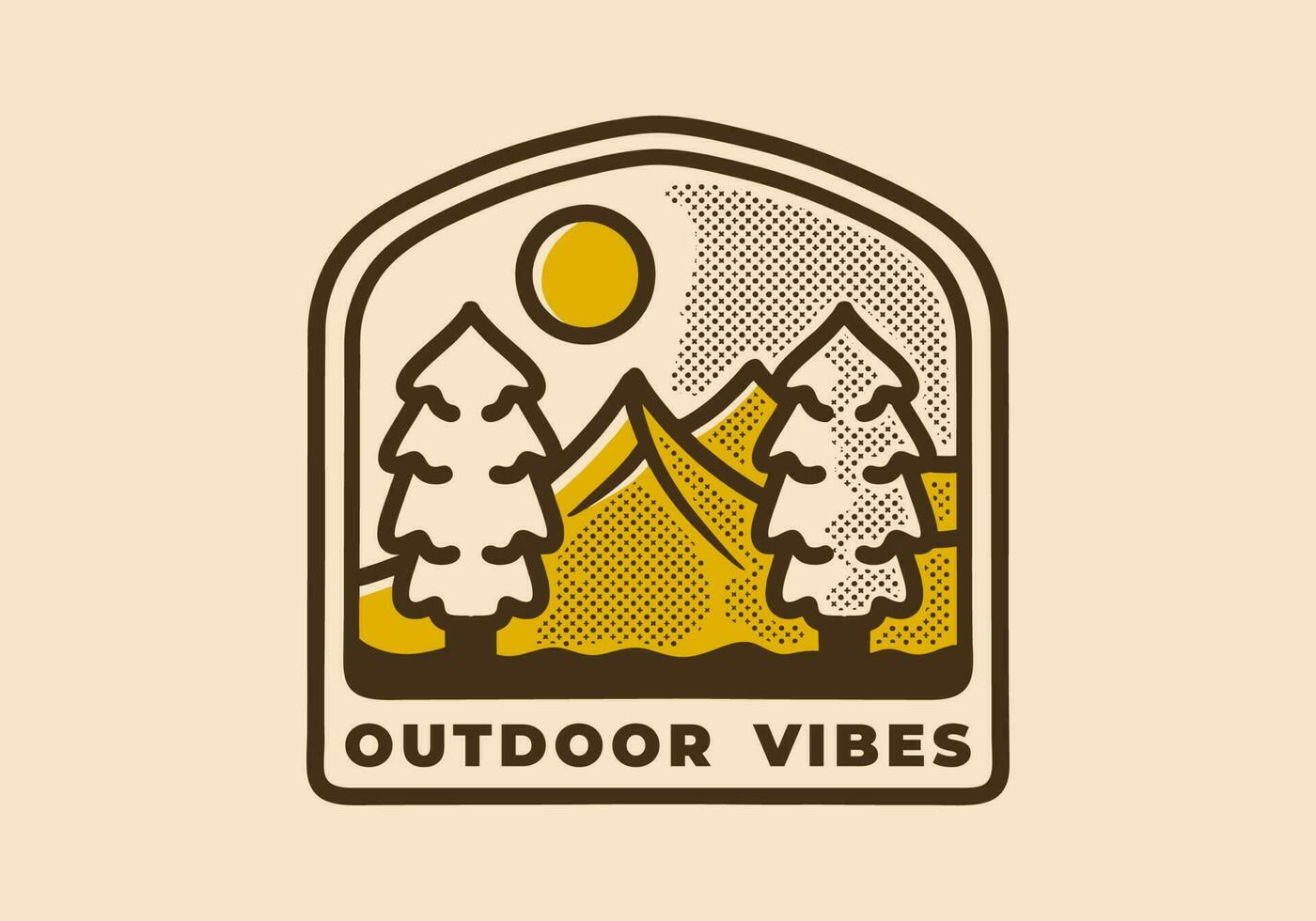 Outdoor badge design of mountain and pine trees vector