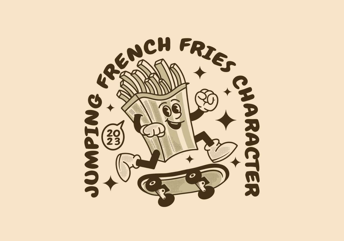 Vintage mascot character of French fries jumping on skate board vector