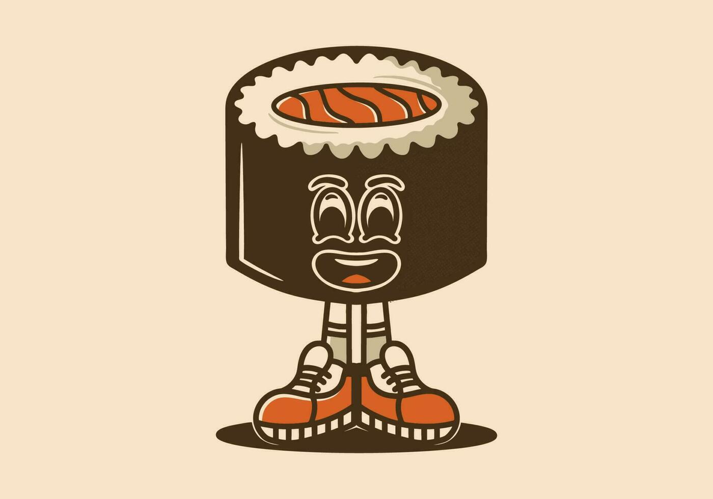 Cute vintage style drawing of sushi roll character with feet vector