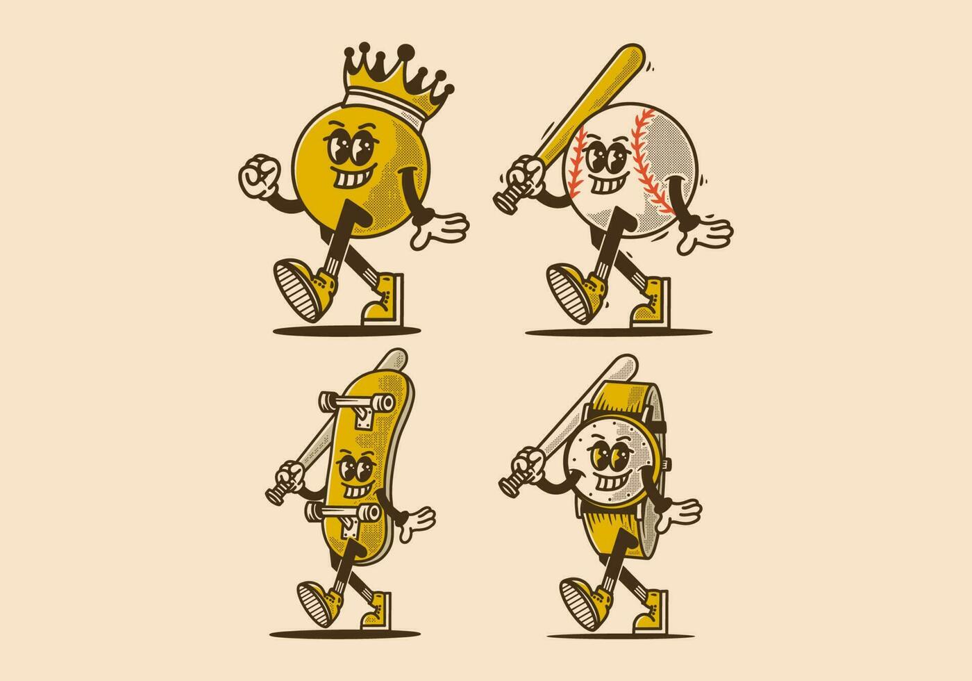 algunos mascota caracteres de pelota cabeza, béisbol pelota, patinar tablero y reloj vector