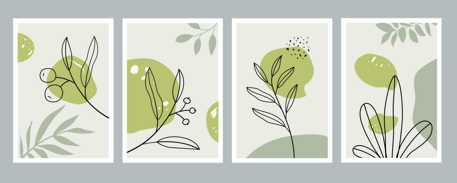 conjunto de vectores de arte de pared botánica. dibujo de arte de línea de follaje con forma abstracta. diseño de arte abstracto de plantas para impresión, portada, papel tapiz, arte de pared minimalista y natural. ilustración vectorial.