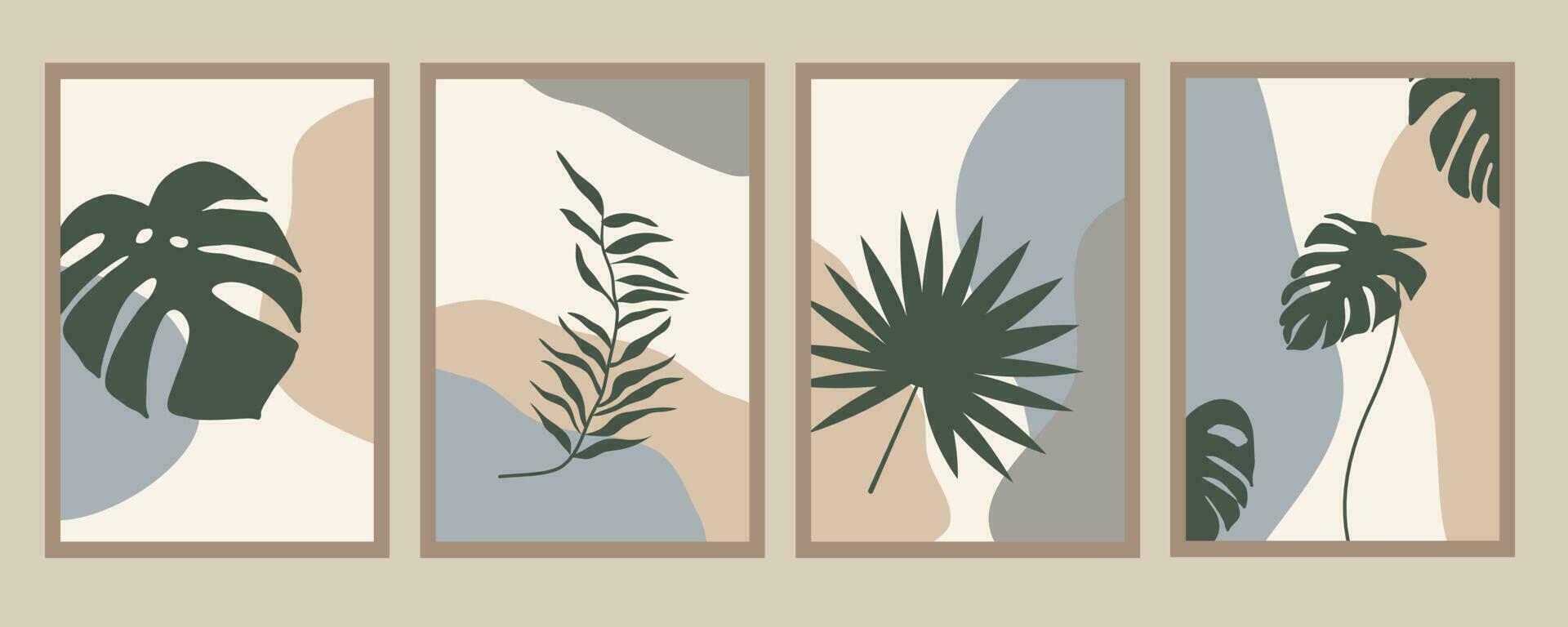 conjunto de vectores de arte de pared botánica. dibujo de arte de línea de follaje con forma abstracta. diseño de arte abstracto de plantas para impresión, portada, papel tapiz, arte de pared minimalista y natural. ilustración vectorial.