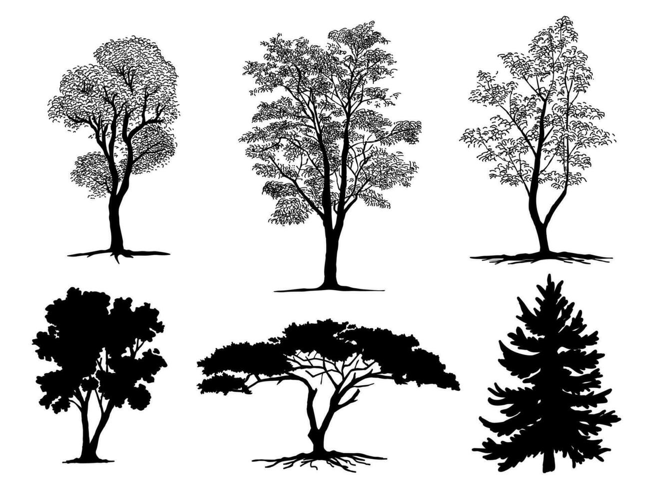 Black Branch Tree or Naked trees silhouettes. Hand drawn isolated illustrations. vector