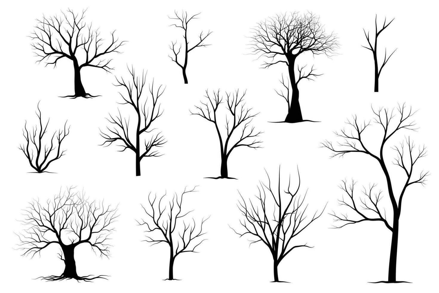 Black Branch Tree or Naked trees silhouettes set. Hand drawn isolated illustrations vector