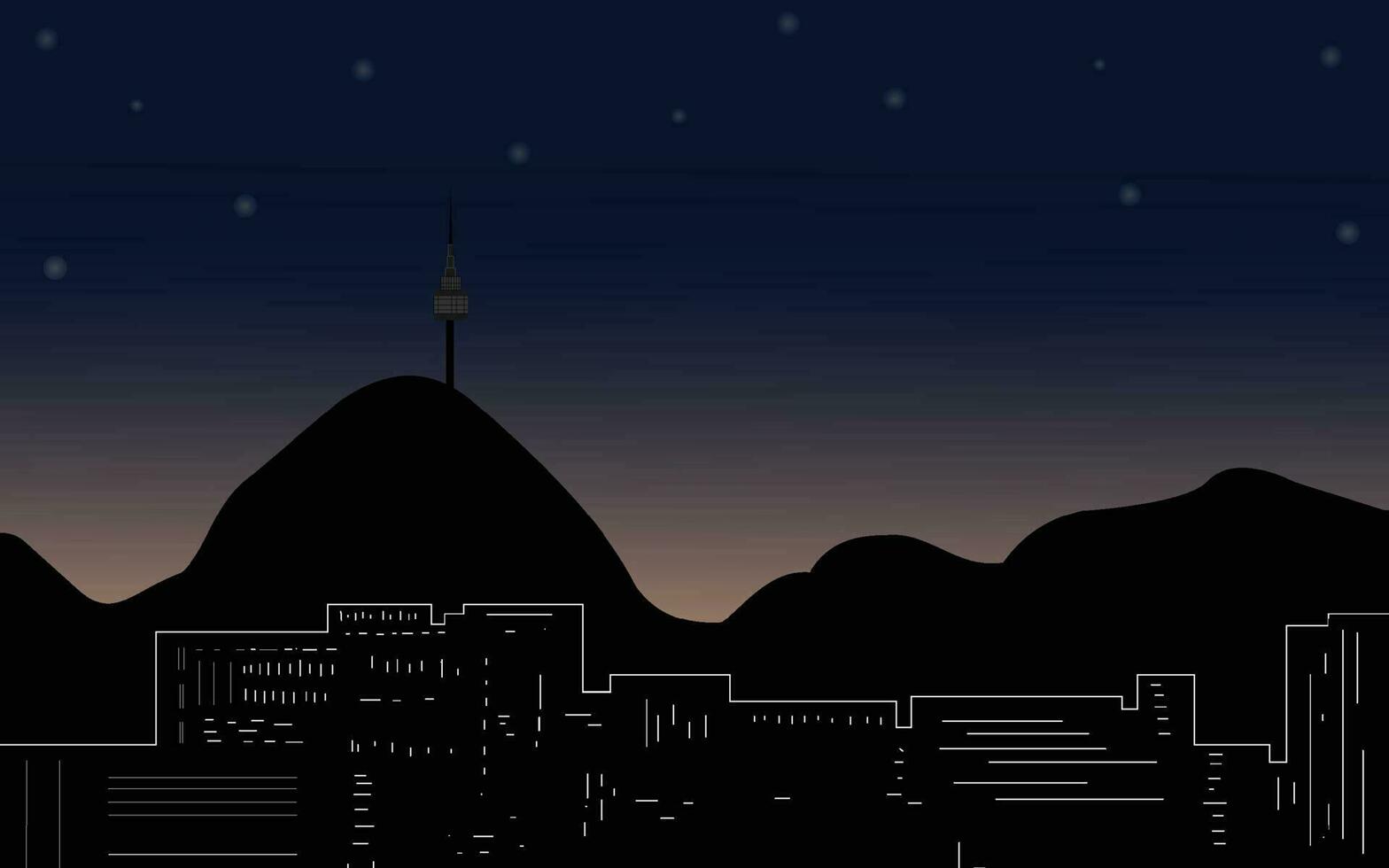 ver de el paisaje de Corea a noche con símbolo. el único torre es situado en un alto montaña. vector