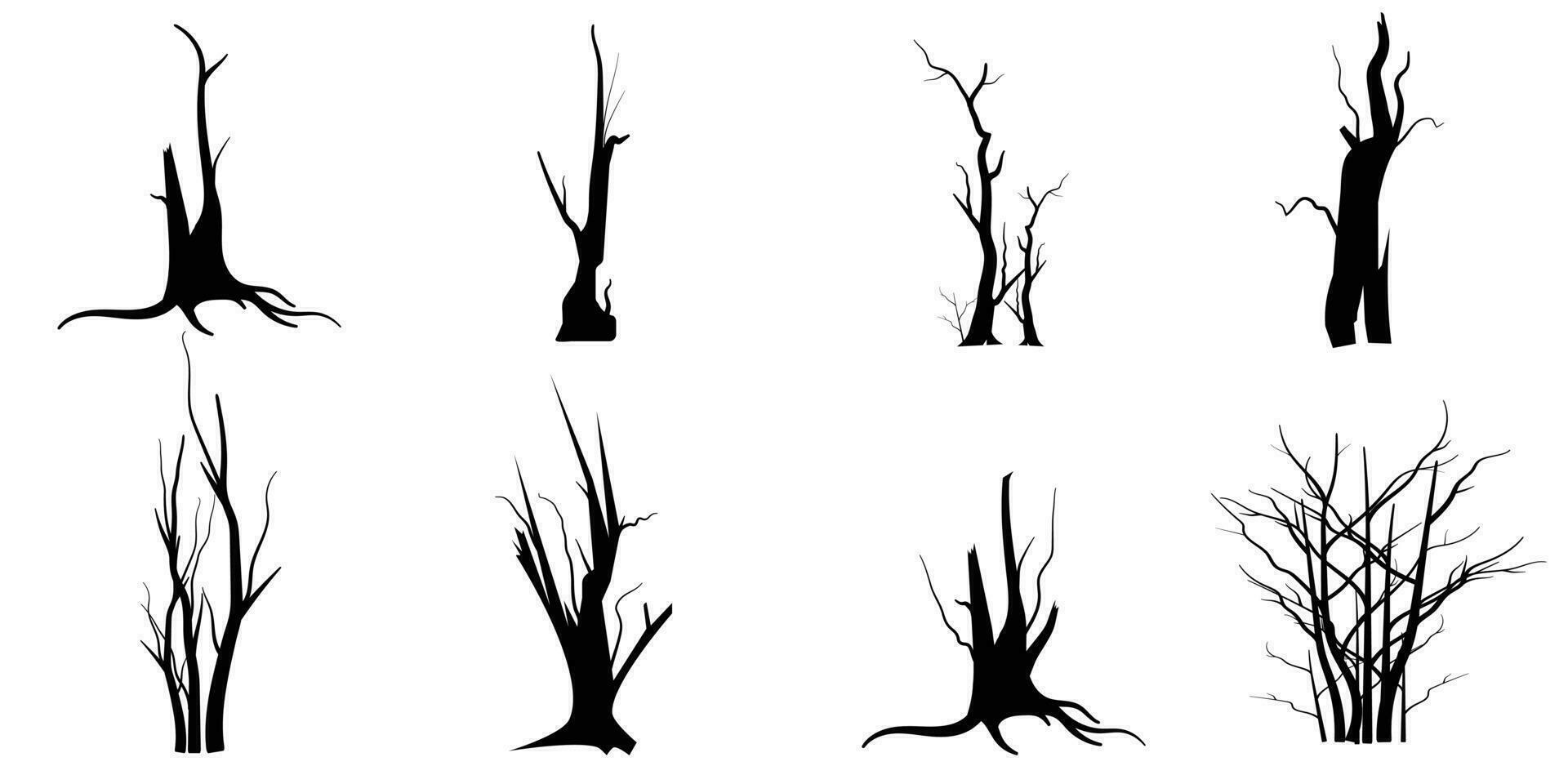 conjunto de siluetas de árbol de rama negra o árboles desnudos. ilustraciones aisladas dibujadas a mano. vector