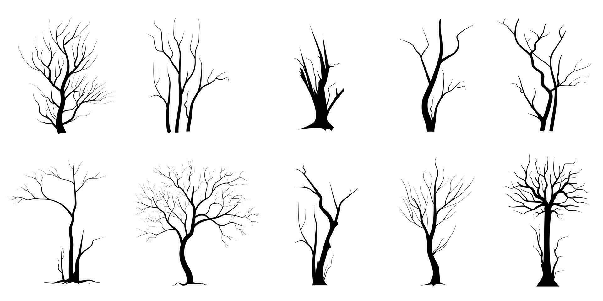 conjunto de siluetas de árbol de rama negra o árboles desnudos. ilustraciones aisladas dibujadas a mano. vector