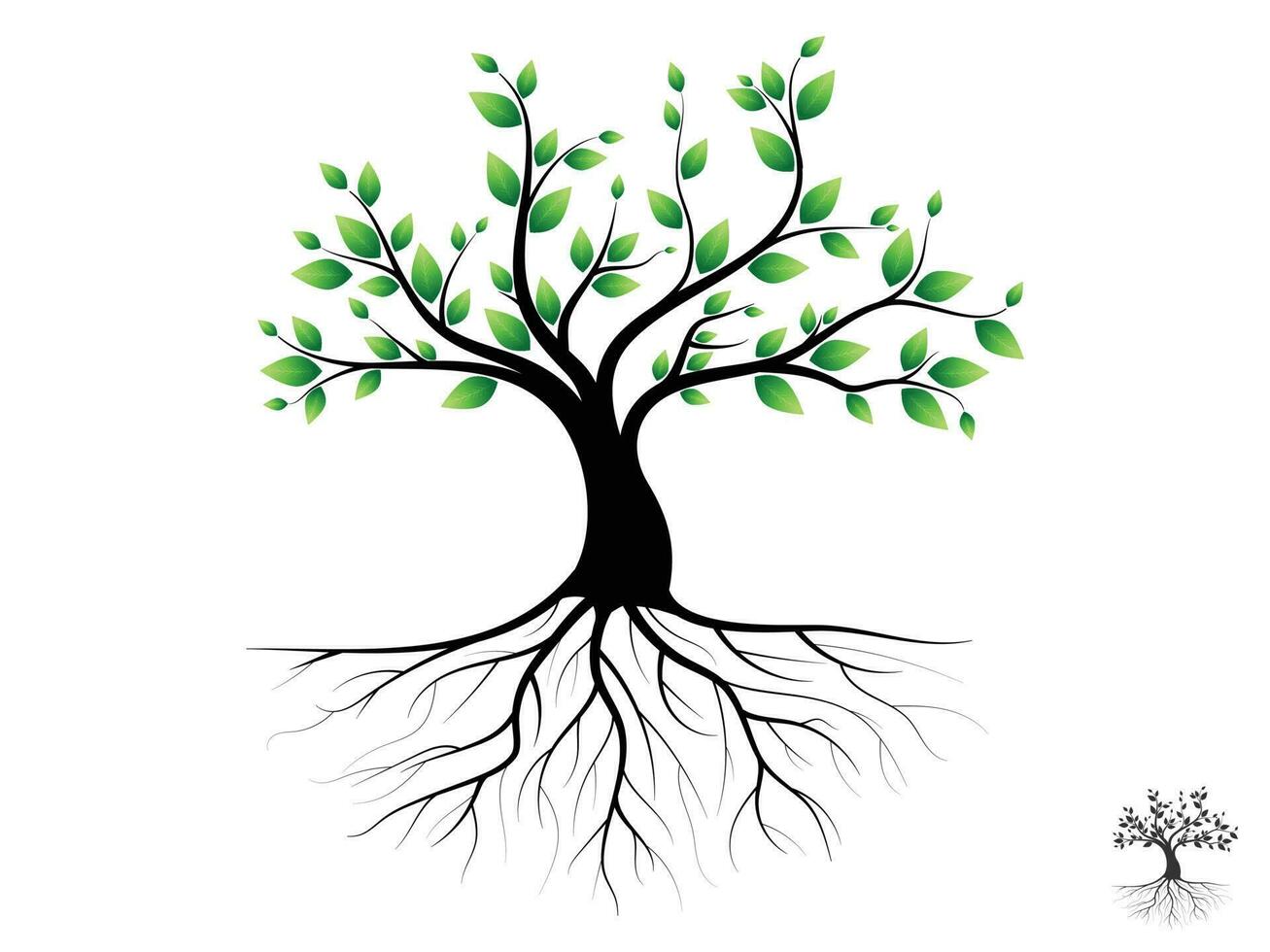 Trees with green leaves look beautiful and refreshing. Tree and roots LOGO style. vector