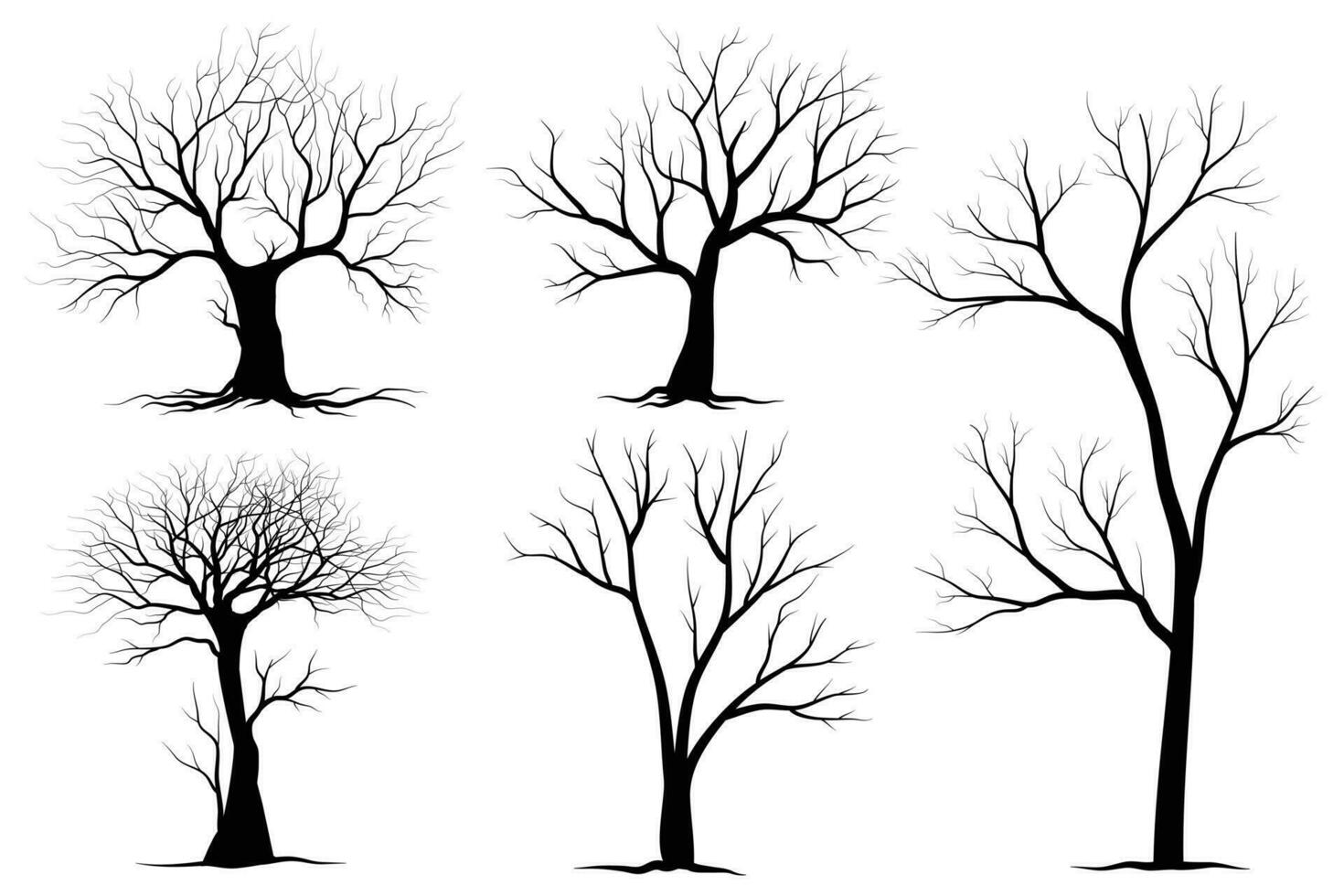 conjunto de siluetas de árbol de rama negra o árboles desnudos. ilustraciones aisladas dibujadas a mano. vector