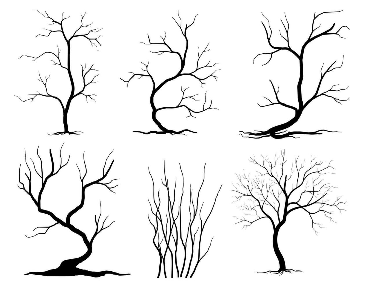 conjunto de siluetas de árbol de rama negra o árboles desnudos. Ilustraciones de hand draw isolated vector