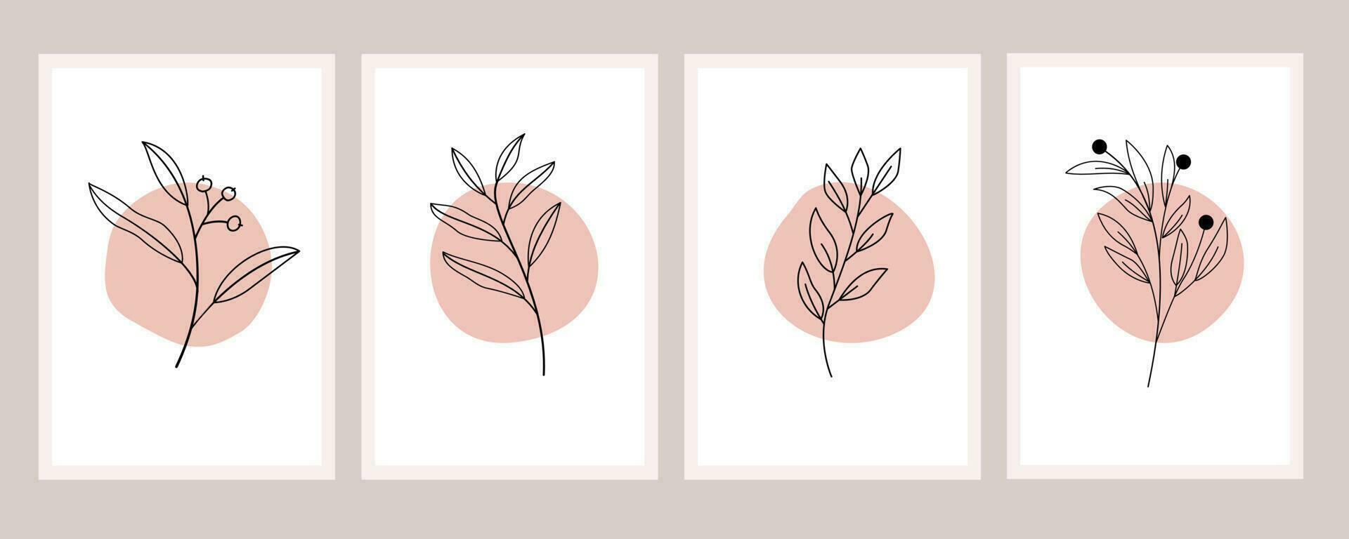 conjunto de vectores de arte de pared botánica. dibujo de arte de línea de follaje con forma abstracta. diseño de arte abstracto de plantas para impresión, portada, papel tapiz, arte de pared minimalista y natural. ilustración vectorial.