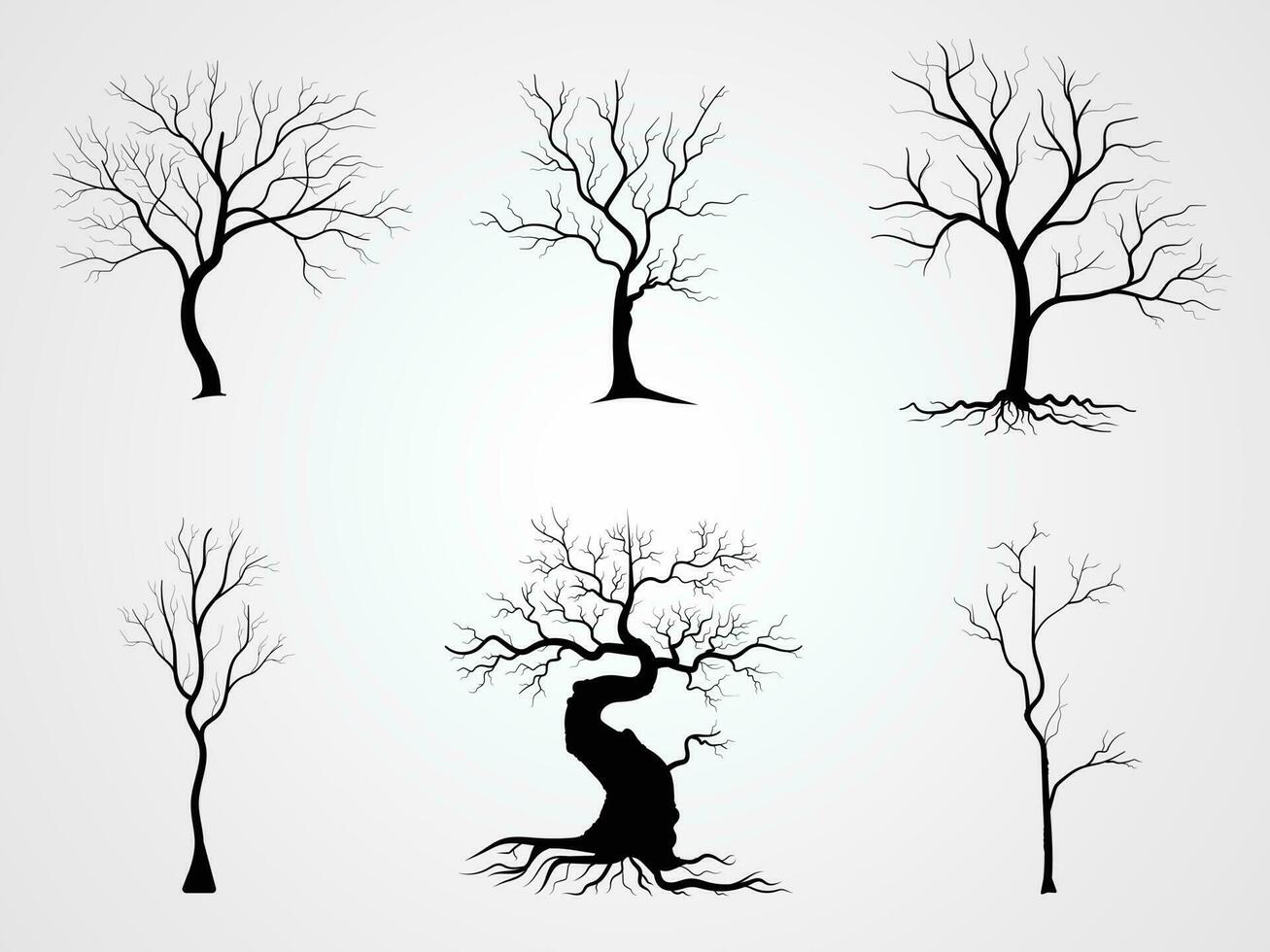 conjunto de siluetas de árbol de rama negra o árboles desnudos. ilustraciones aisladas dibujadas a mano. vector