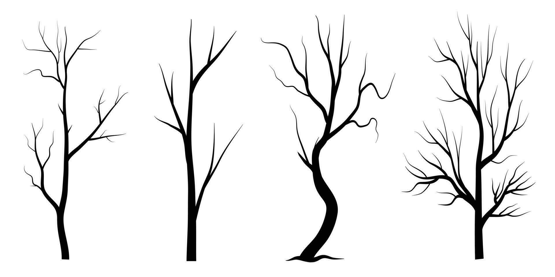 conjunto de siluetas de árbol de rama negra o árboles desnudos. ilustraciones aisladas dibujadas a mano. vector