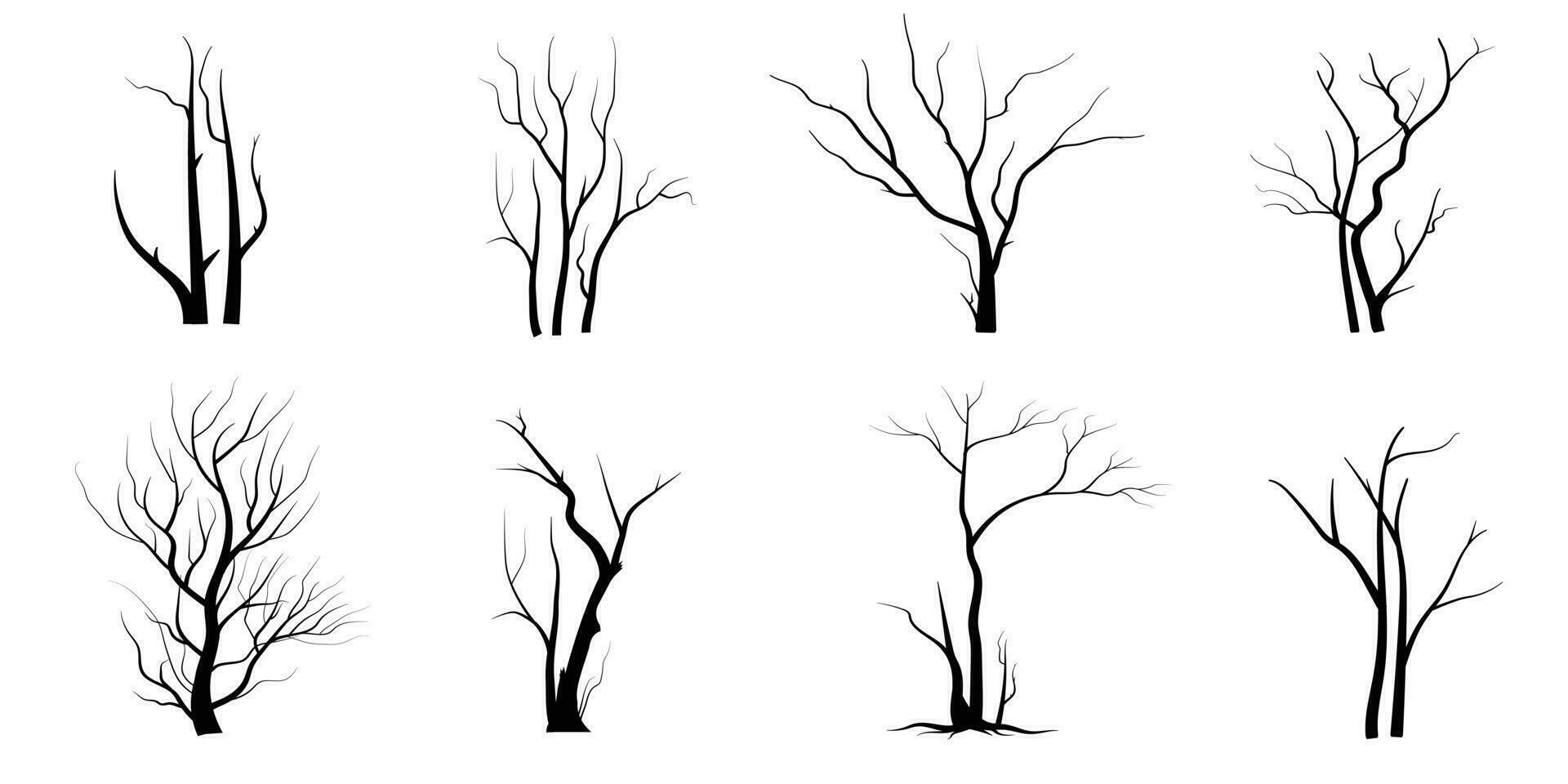 conjunto de siluetas de árbol de rama negra o árboles desnudos. ilustraciones aisladas dibujadas a mano. vector