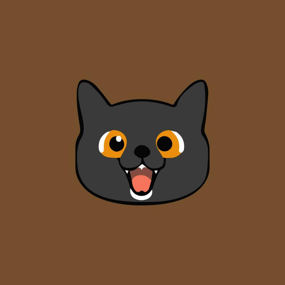 Cute black cat face vector icon in flat style isolated on brown background.