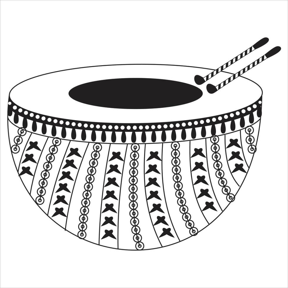 Indian wedding clip art of Dholak. Artistic Hand drawn traditional drum outline designer sketch. Vector black ink drawing dholak or gendang isolated on white background