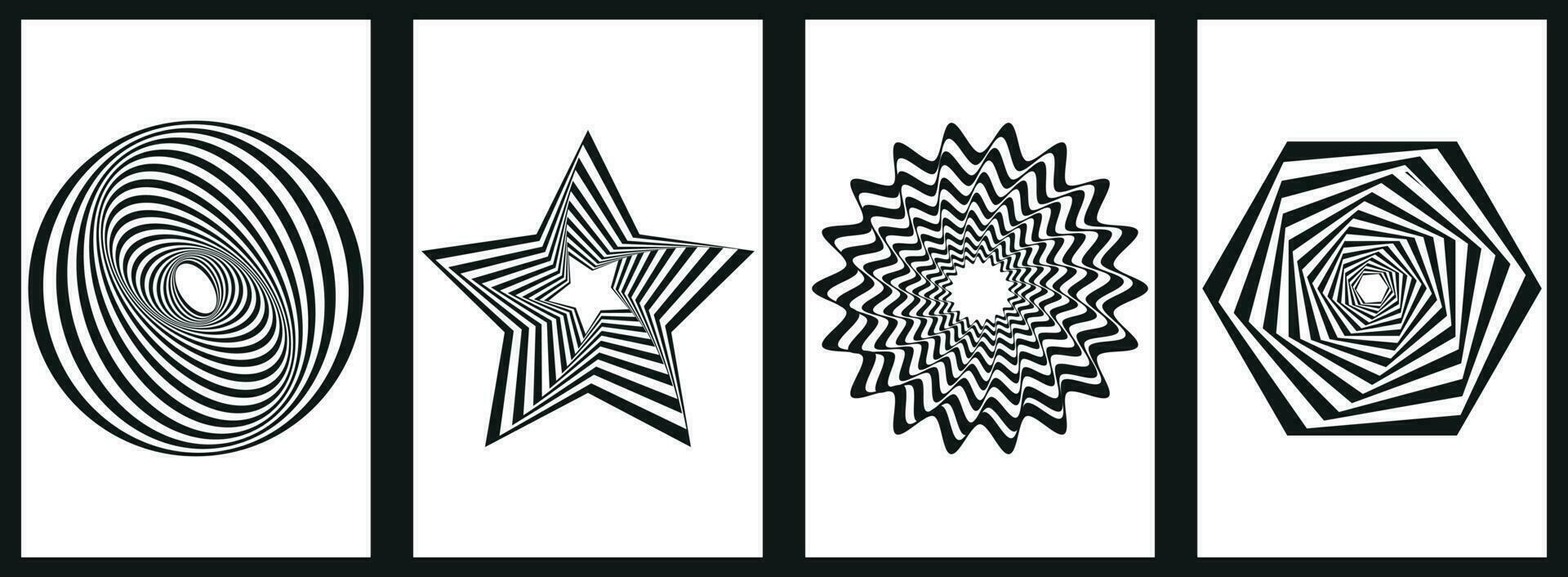 Set of bright geometric retro shapes in black and white. Psychedelic posters, hallucinations, hypnosis. Print, poster, banner. vector