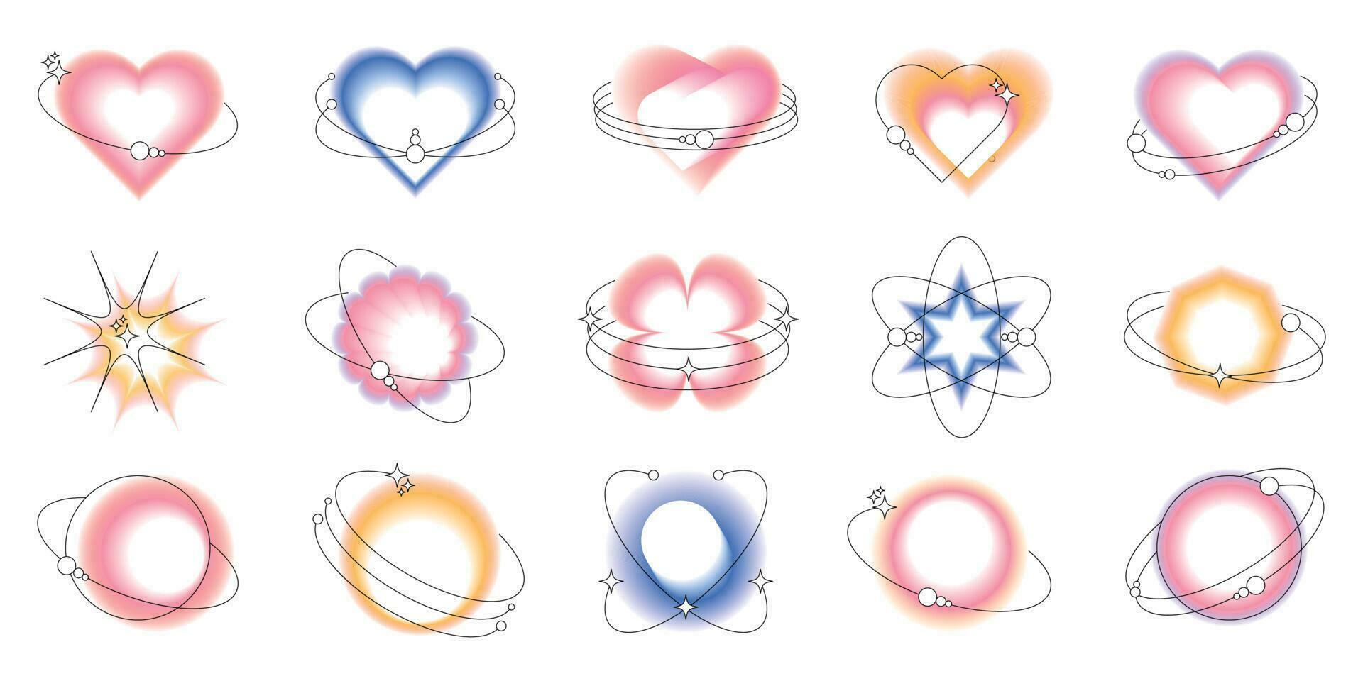 Blurred aura gradient elements, colorful soft gradients. Blur circle, heart stars, earth, various geometric shapes with blur effect vector set.