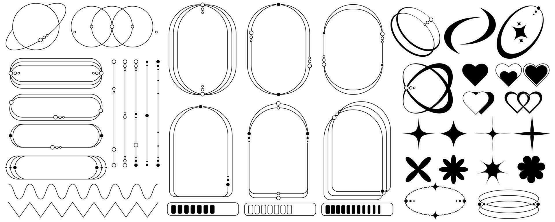 Set of geometric elements in trendy 90s style. Aesthetic Y2k element, for banners, social media, poster design, stickers. Trendy design for frames, sequins, heart, flower, star, lines, zigzags. vector