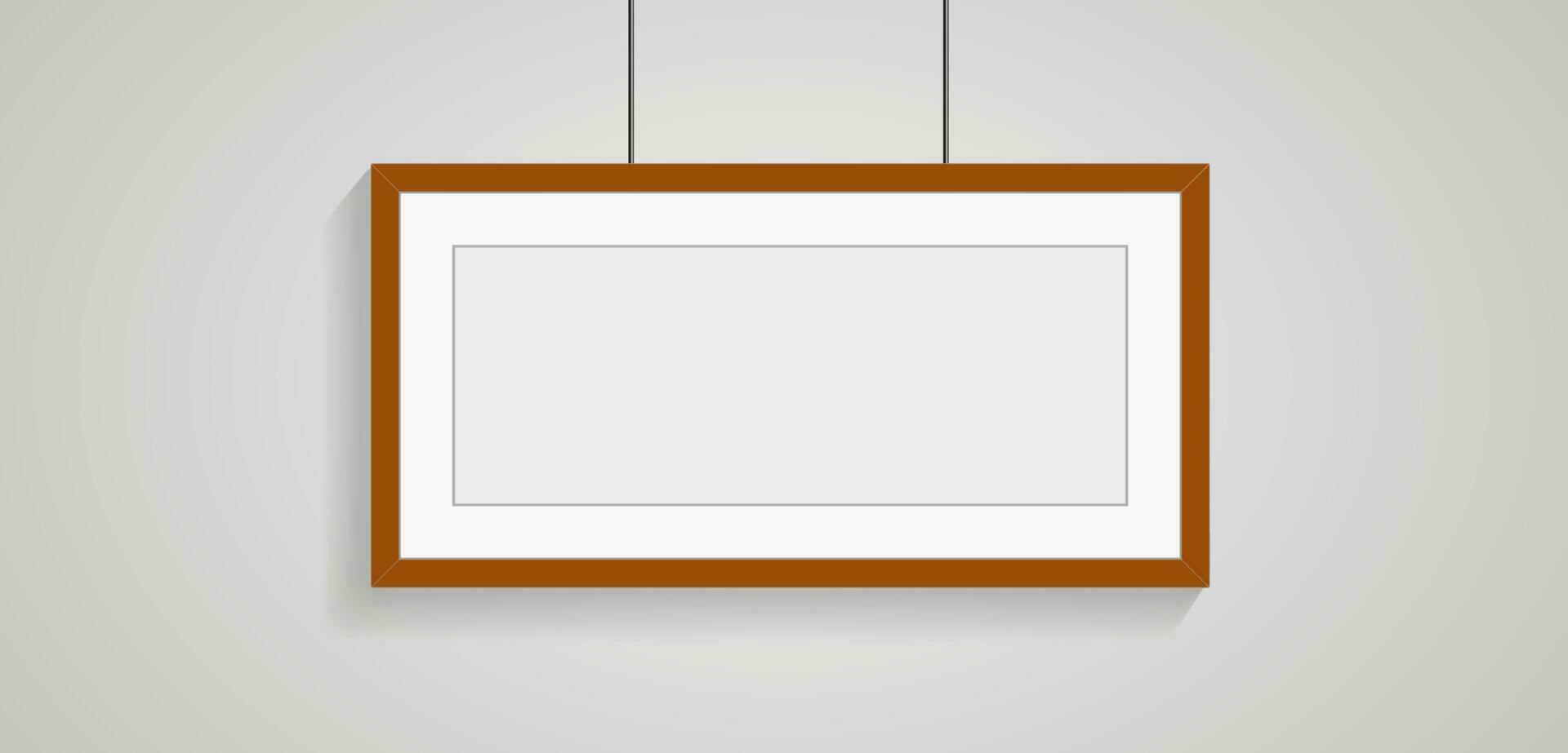 A wide picture frame style on wall art for decorection, wooden frame with passepartout leaning against the white wall. Horizontal blank elegant frame template vector