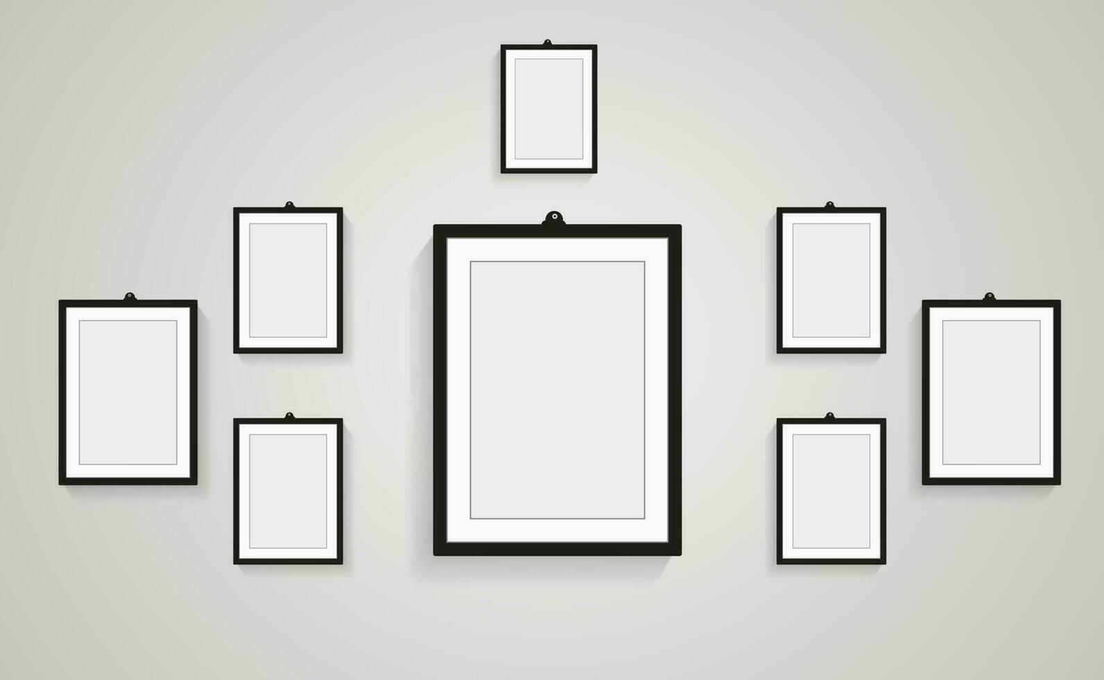 Groups of Realistic blank black picture frames with shadow collection isolated on the white wall, Set of modern poster frames mockup. Empty photo frame for art gallery or interior vector