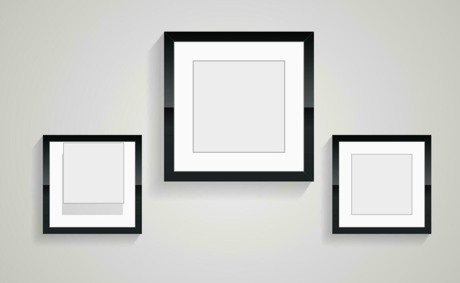 Three rectangles frame of picture in on wall art decorection design vector, groups of three black blank Realistic rectangle blank black picture frames with shadow collection vector