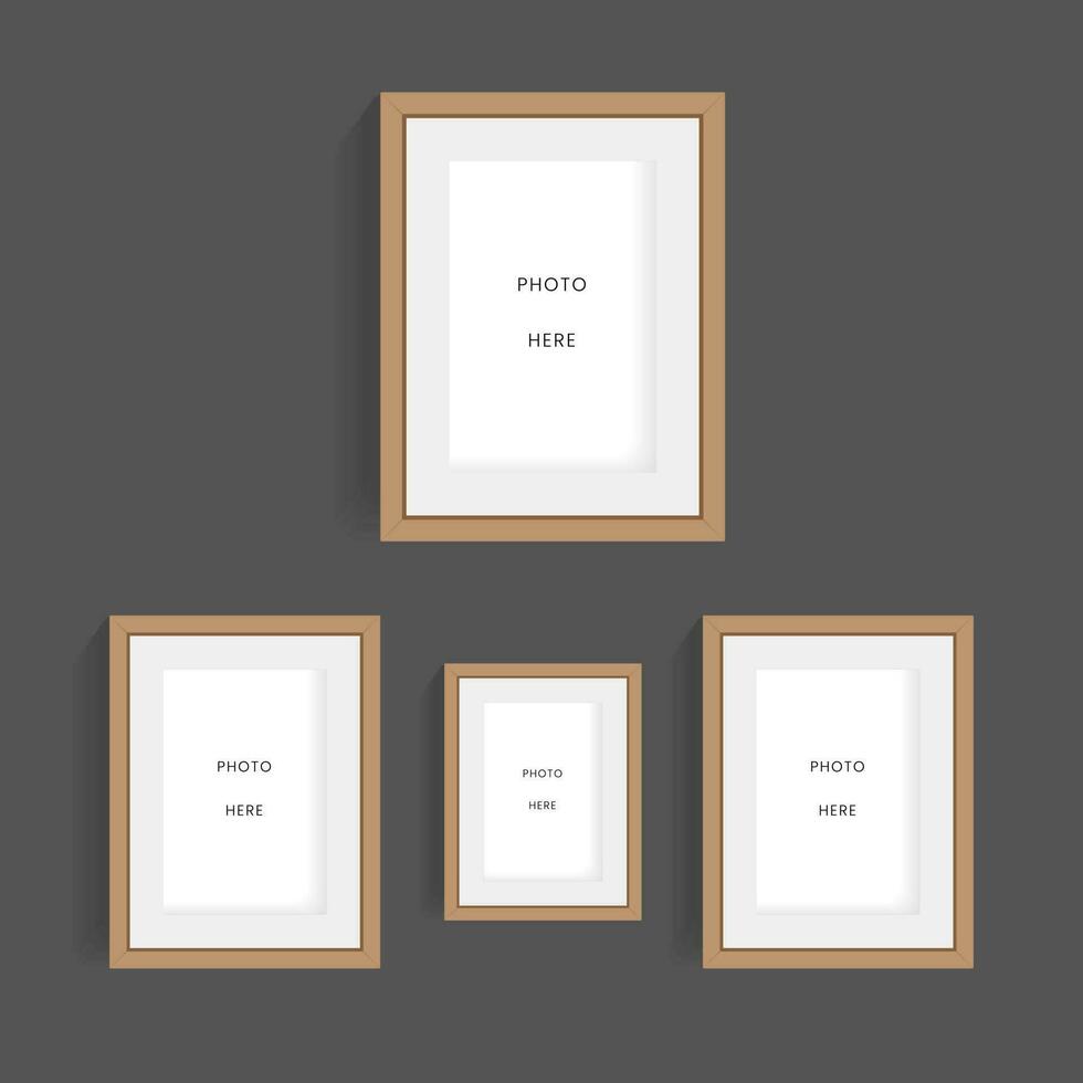 Set of four wooden frames of pictures on the dark wall mock up designs, modern groups of picture frames vector designs on the wall  mock up vector illustration