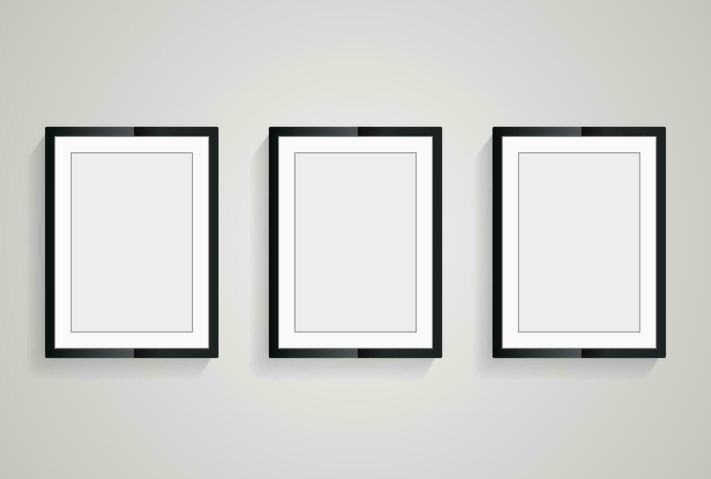 Tres conjunto de marco en blanco pared burlarse de arriba diseño, Tres realista marcos vector para interior negro blanco, y de madera póster imagen marcos colgando en el pared