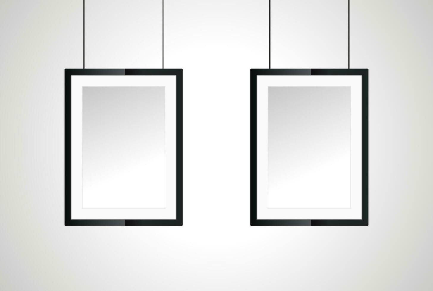 Two photo frame on white wall, in realistic vector for Interior Black Blank, Wooden Poster Picture Frames Hanging on the Ropes, Empty Poster Frames Design Template for Mockup