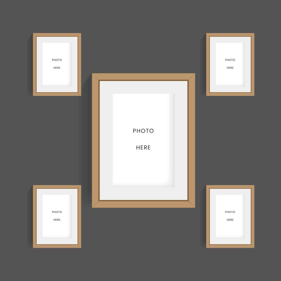 Modern set of Five wooden picture frames mock up design vector