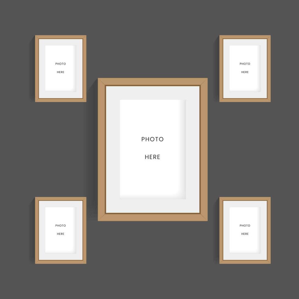 Modern set of Five wooden picture frames mock up design vector