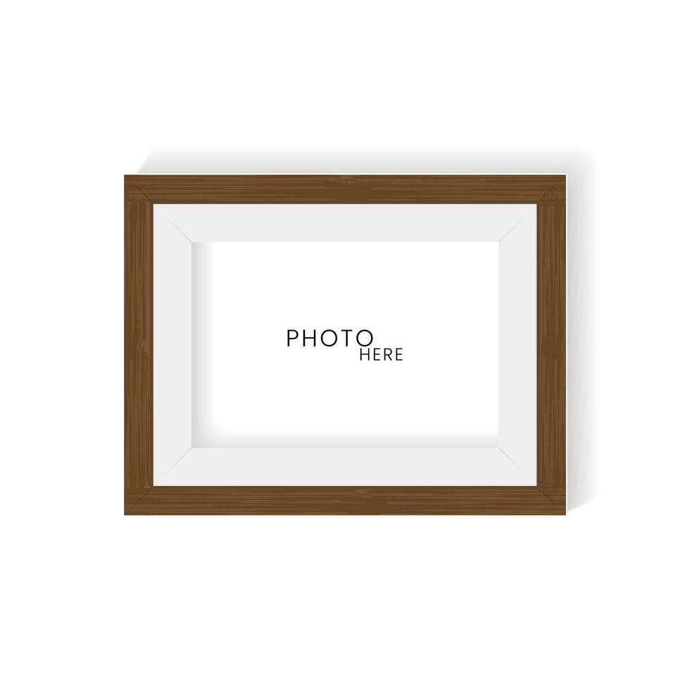 A wooden pattern realistic photo frame for wall art mock up vector, a brown wood texture frame templates design on white wall, and Minimal Isolated Wood Frame Vector Elements