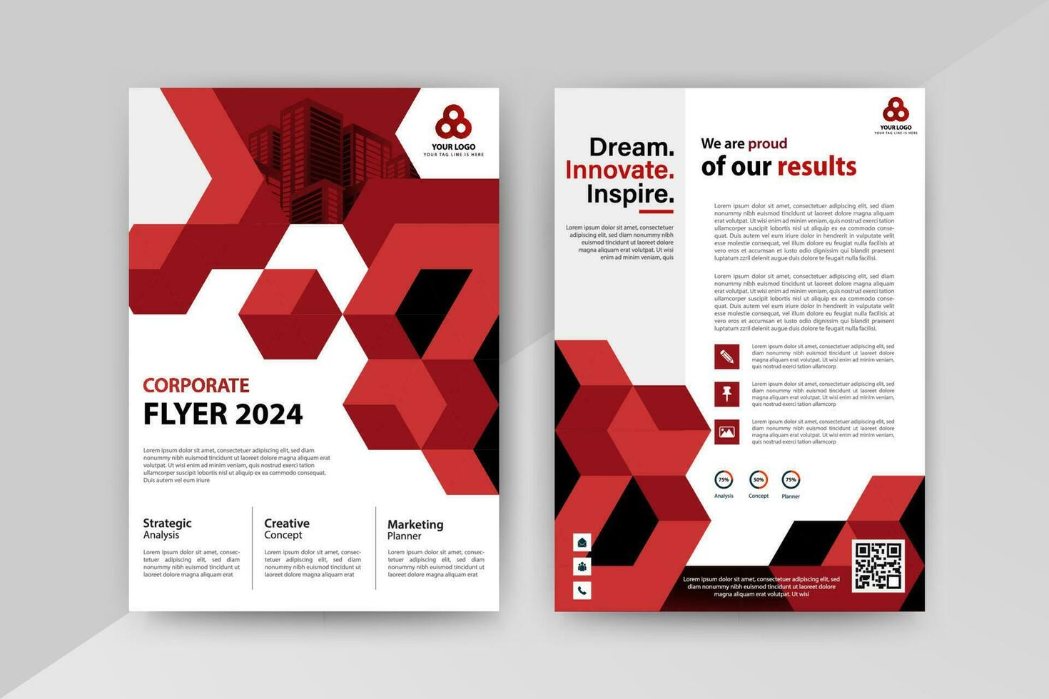 Business abstract vector template for Brochure, AnnualReport, Magazine, Poster, Corporate Presentation, Portfolio, Flyer, infographic with red and black color size A4, Front and back. Vector