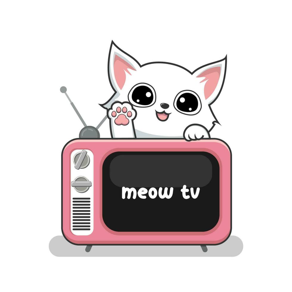 Cat and Old TV - Cute White Pussy Cat Playing Above Television Cartoon vector