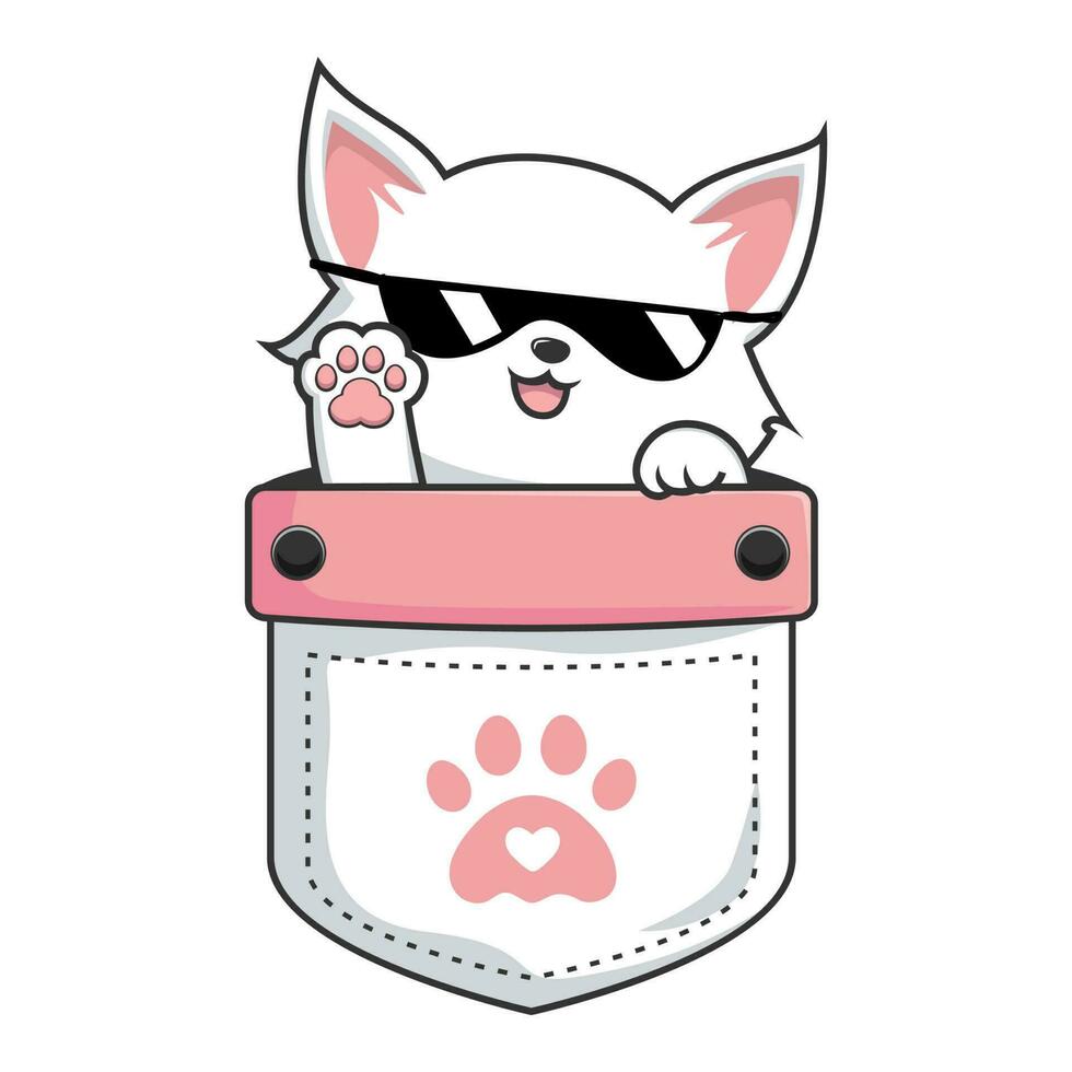 White Cat in Pocket - Cute White Pussy Cat in Pouch Vector - Cool with SunGlasses