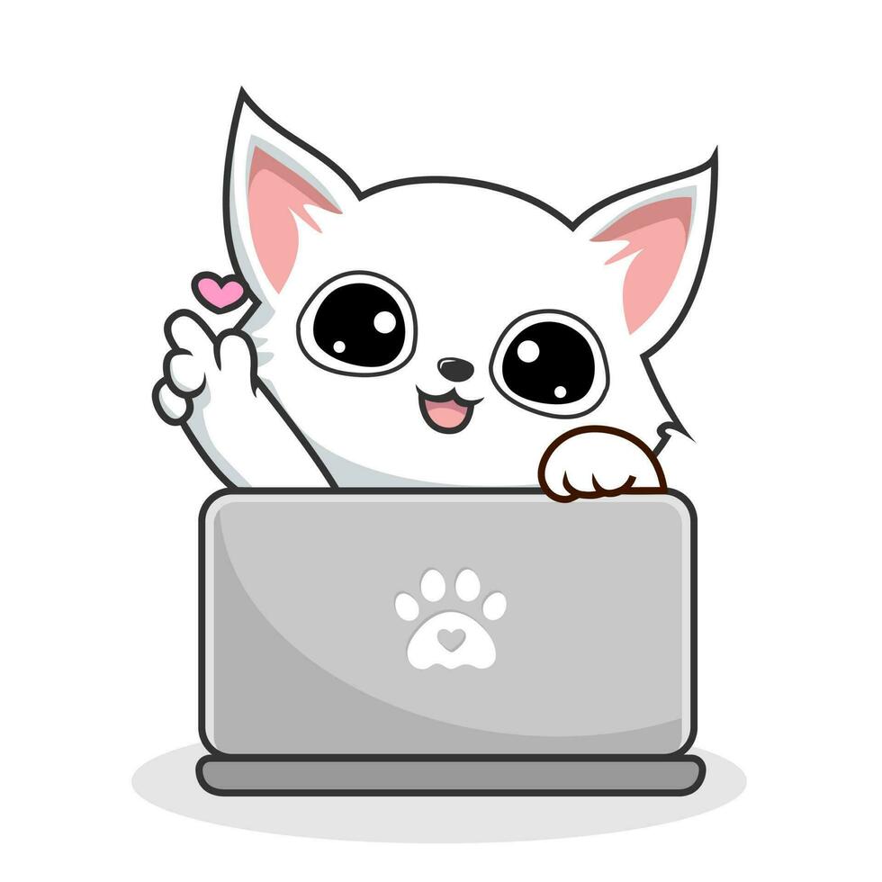 White Cat Playing Laptop Notebook Kawaii - Cute White Pussy Cat with Love vector
