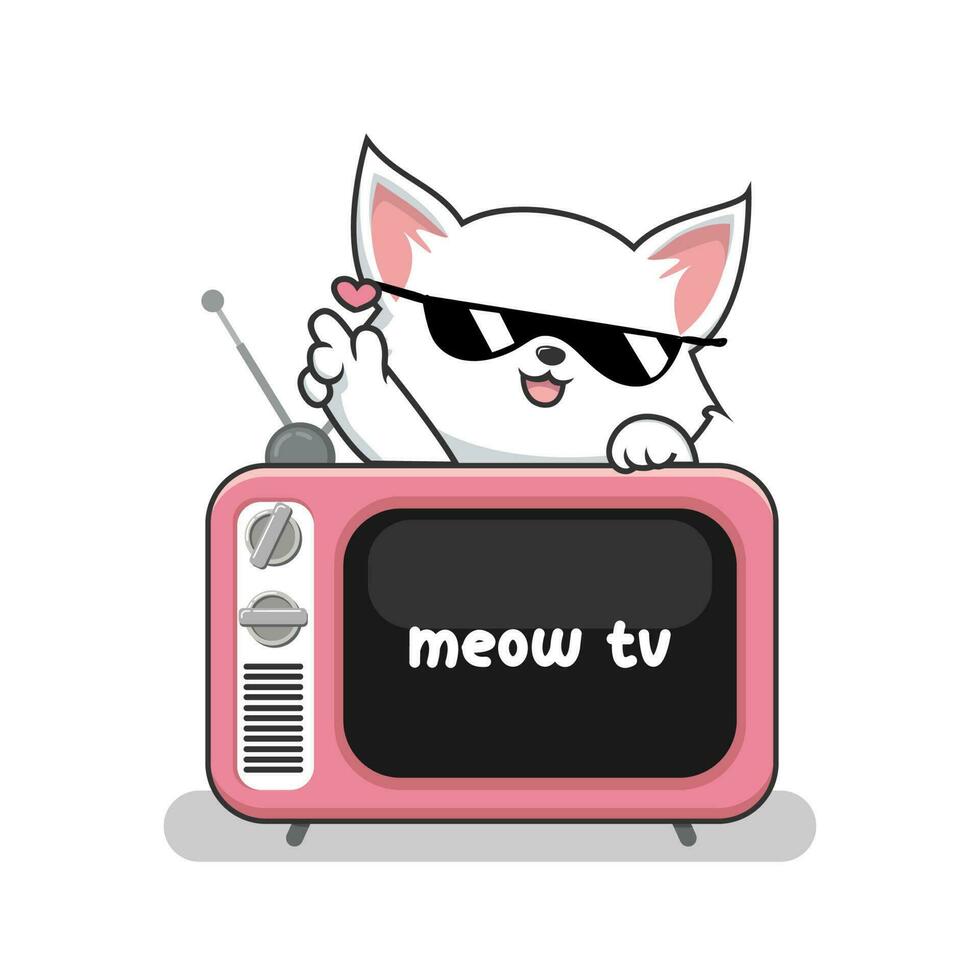 Cat and Old TV Illustration with Love Finger - Cute White Pussy Cat Above Television vector