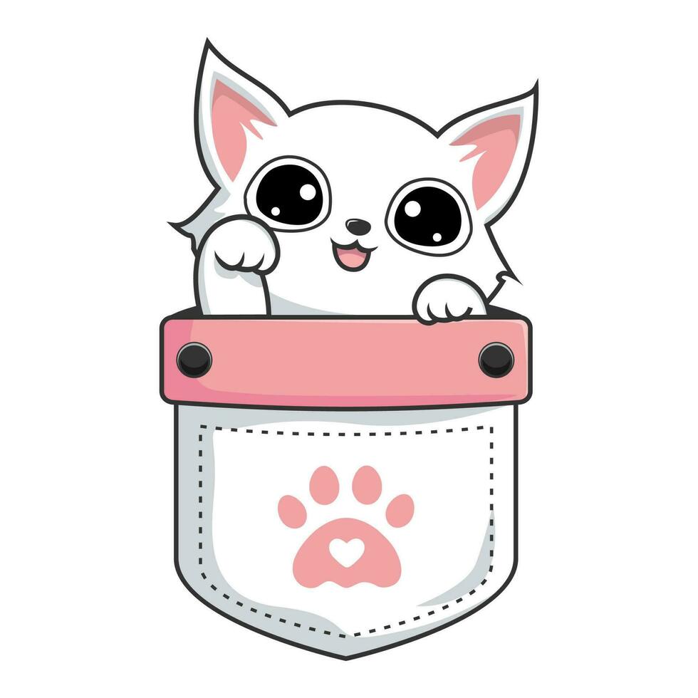 White Cat in Pocket Cartoon - Cute White Pussy Cat in Pouch - waving hand vector