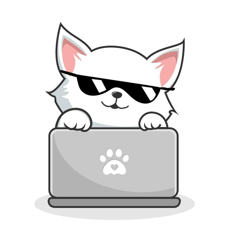 White Cat Playing Laptop Notebook vector