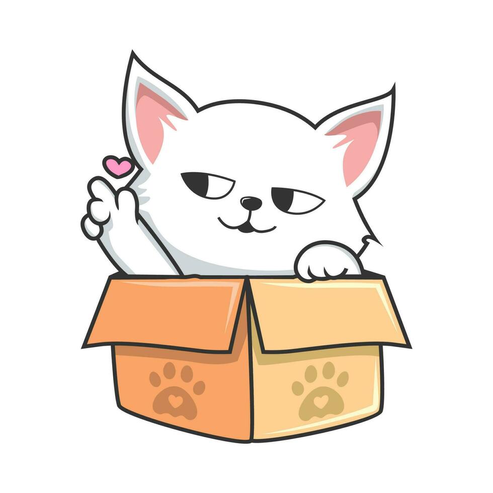 White Cat Hiding in Box - Cute White Pussy Cat in Box Love Paws Hand Illustration vector