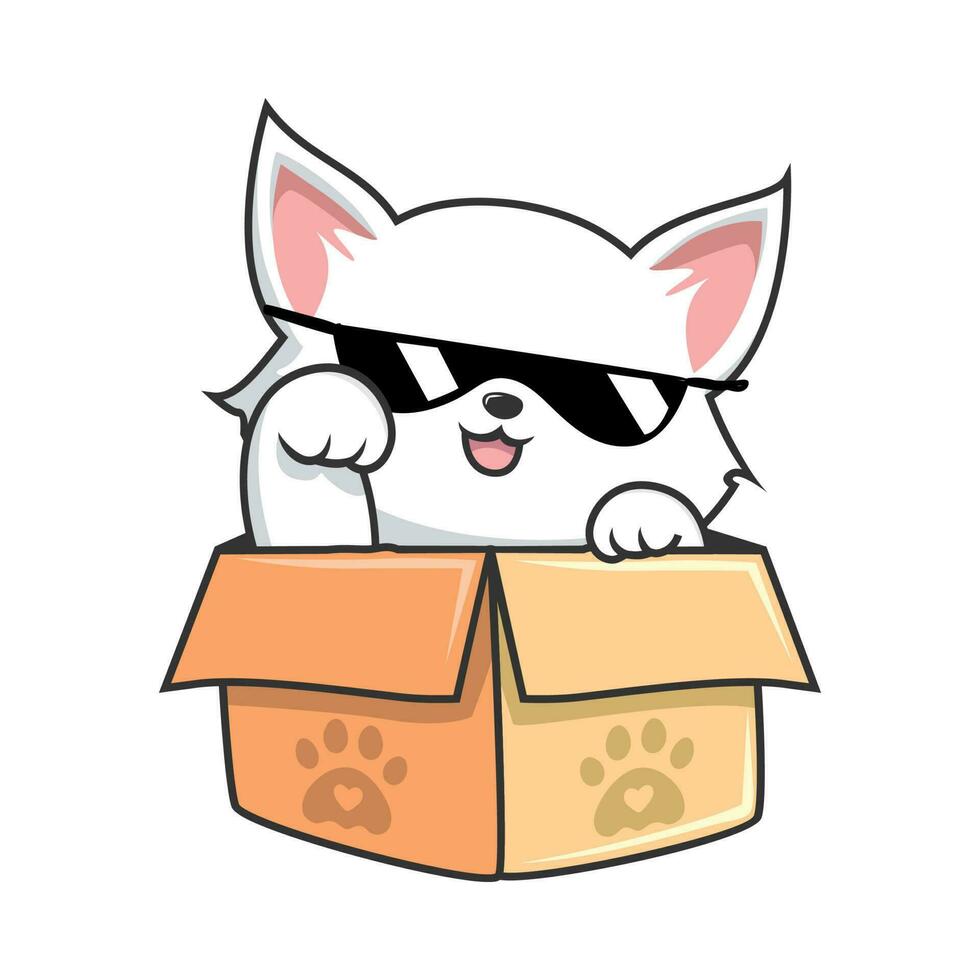 White Cat Hiding in Box - Cute White Pussy Cat in Box Cool Sunglasses vector