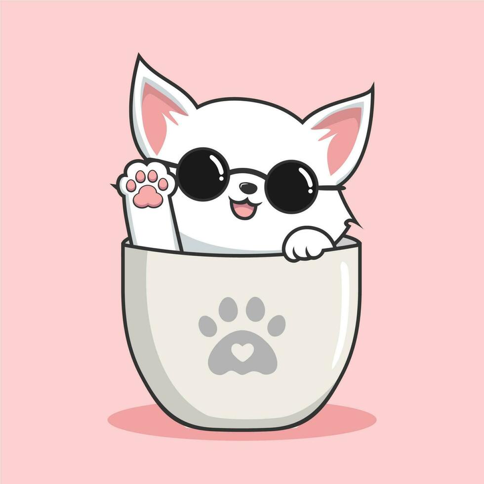 Cat in Mug with Round Glasses - Cute White Pussy Cat in Cups Mug Illustration vector