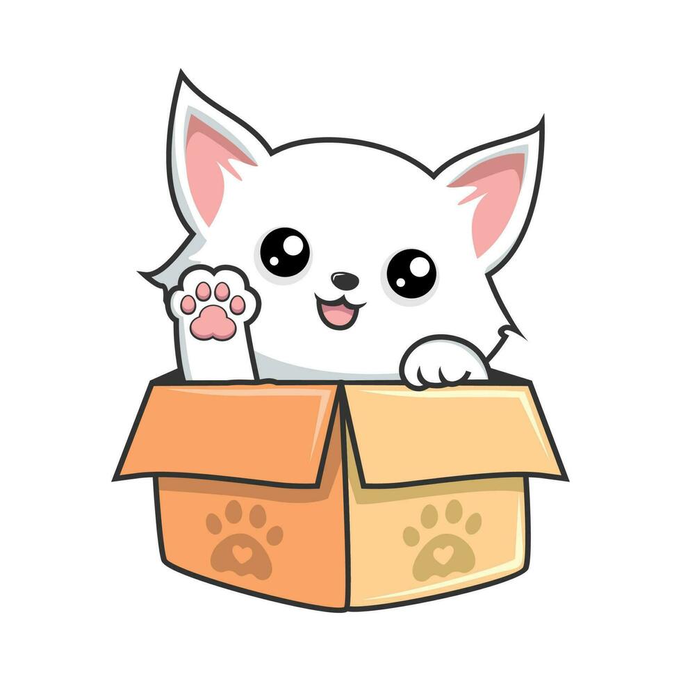 White Cat Hiding in Box - Cute White Pussy Cat in Box waving Paws Hand Illustration vector