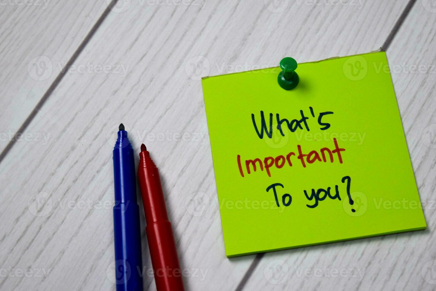 What's Important to you write on sticky notes isolated on office desk photo